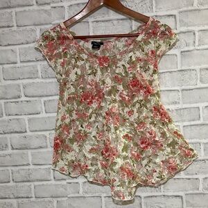 Rue21 Pink and Green Floral Blouse, sheer open back size small